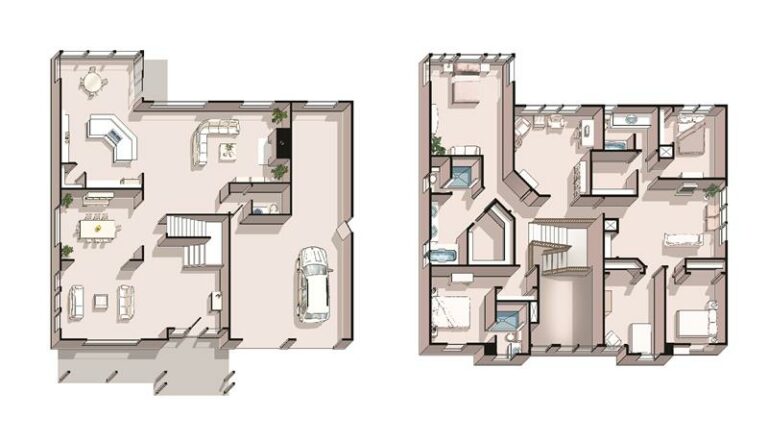 Two architectural floor plans depicting a one-level residence and a multi-level residence with labeled rooms, furniture layout, and a vehicle in the garage.