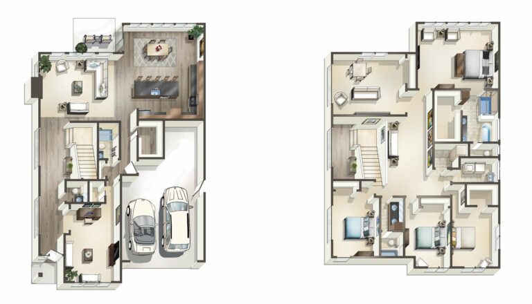 This image shows two 3D floor plans of a house, illustrating a two-story layout with furnished rooms, including a garage with two cars.