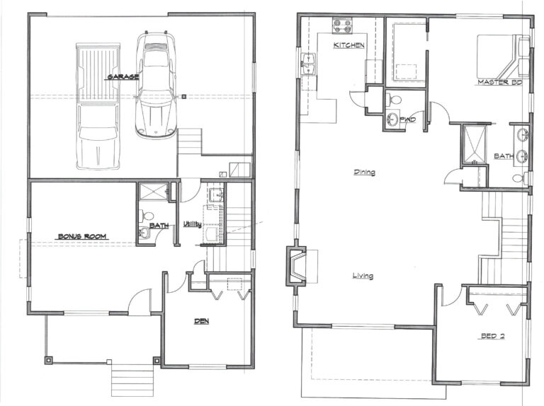 This image shows a detailed architectural floor plan of a residence, with labeled rooms, fixtures, and two cars in the garage.