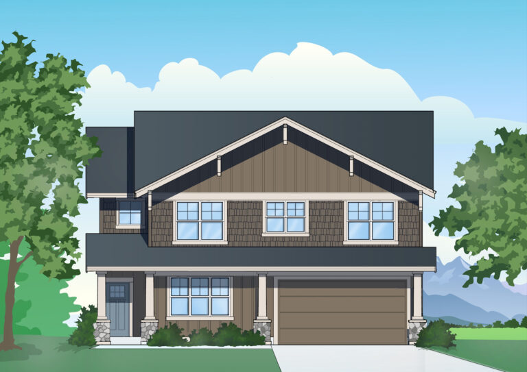  This is an illustration of a two-story house with a garage, surrounded by trees, under a clear sky with distant mountains in the background. 