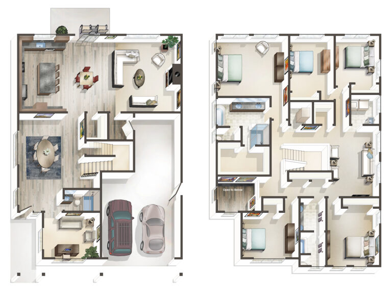 This is a 3D top-down layout of a two-story residence featuring living spaces, bedrooms, a kitchen, bathrooms, and a garage with two cars.