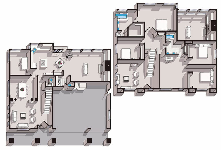 This is a detailed, grayscale architectural floor plan of a two-story house, showing room layouts, furniture, stairs, and design elements.