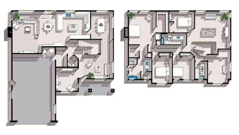 This image showcases two detailed architectural floor plans for residential units, featuring multiple rooms, furniture layout, and interior design elements.