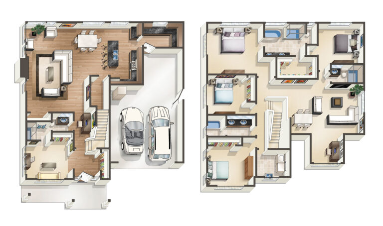  This image showcases two different overhead 3D floor plans of residential units, featuring furnished interiors, multiple rooms, and integrated garage spaces with vehicles. 