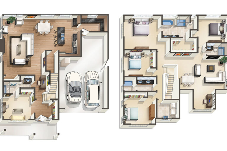 This image showcases two different overhead 3D floor plans of residential units, featuring furnished interiors, multiple rooms, and integrated garage spaces with vehicles.