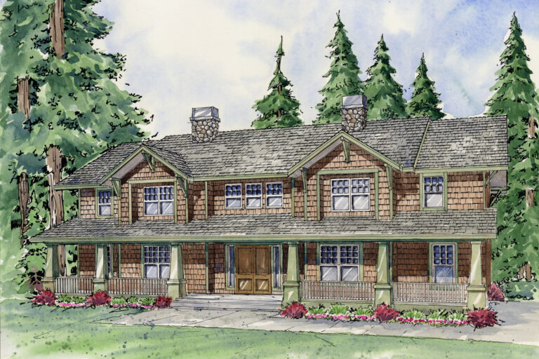 This is a hand-drawn illustration of a two-story house with a shingled exterior, surrounded by tall trees, with a prominent chimney and a covered front porch.