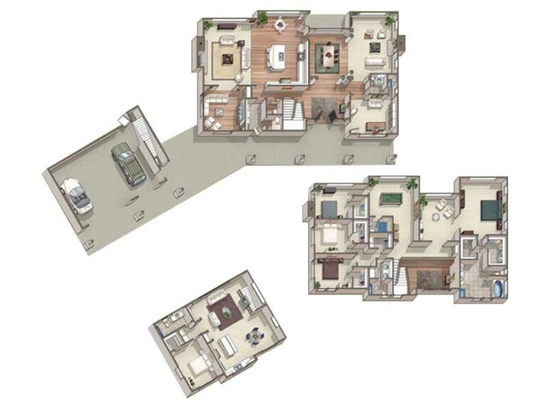 Three-dimensional architectural floor plans of a residential property showing an external garage, multiple rooms, furniture layout, and interior design elements.