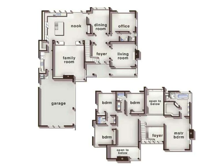 The image displays a two-story house plan with labeled rooms, a garage, and stairs indicating flow between floors. It's a detailed architectural layout.