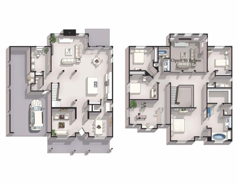 The image shows two levels of a modern house floor plan with rooms, furniture, and fixtures labeled, including a car parked in a garage.