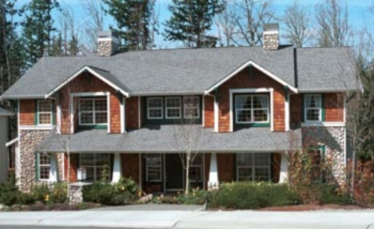  This is a two-story suburban house with a dark shingle roof, stone accents, multiple windows, and a covered porch, surrounded by trees and a clear sky. 