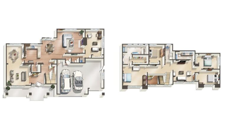 This image shows two detailed architectural floor plans with labeled rooms, furniture layout, stairs, and a garage with vehicles.