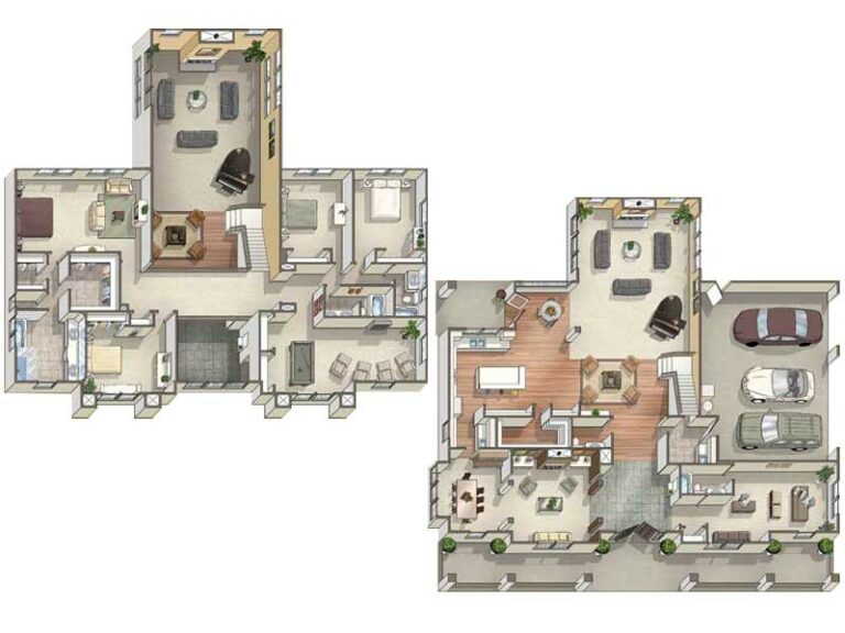  This image shows two detailed 3D floor plans of a residential home, including room layouts, furniture, vehicles, and landscaping elements. 