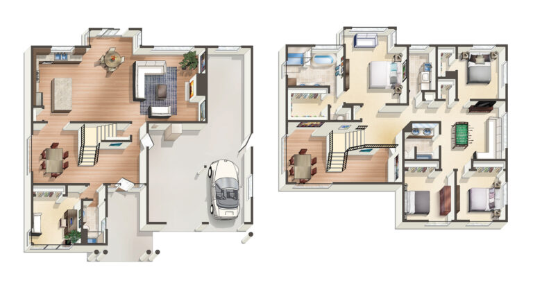 This image shows two detailed apartment floor plans with furniture layout, including living spaces, bedrooms, a kitchen, bathrooms, and a garage with a car.