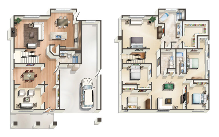 The image shows a two-level floor plan with furnished rooms, including a garage, living areas, bedrooms, bathrooms, and a staircase connecting the floors.