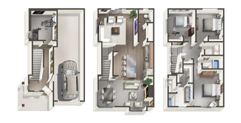  This is a 3D floor plan of a multi-story residence showing a garage, living rooms, kitchen, bathrooms, bedrooms, and stairs. Furniture and decor are detailed. 