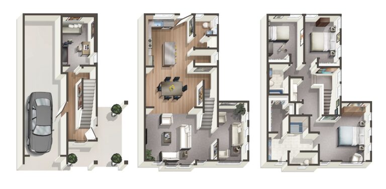 This is a 3D floor plan of a multi-level residential unit with detailed room layouts, including a garage, living areas, bedrooms, and bathrooms.