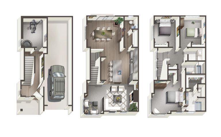  This is a top-down view of a three-level floor plan showing a garage, living areas, bedrooms, a kitchen, bathrooms, and staircases in a home. 