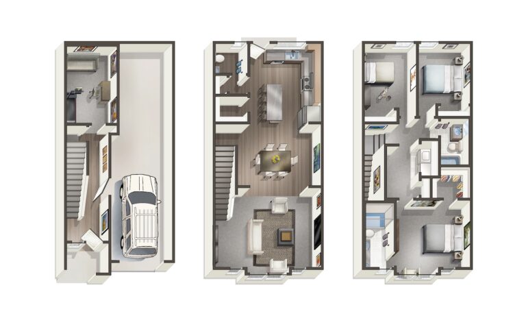  Three-level townhouse floor plan showing a garage, living spaces, bedrooms, and bathrooms. The layout includes furniture and stairs connecting the levels. 