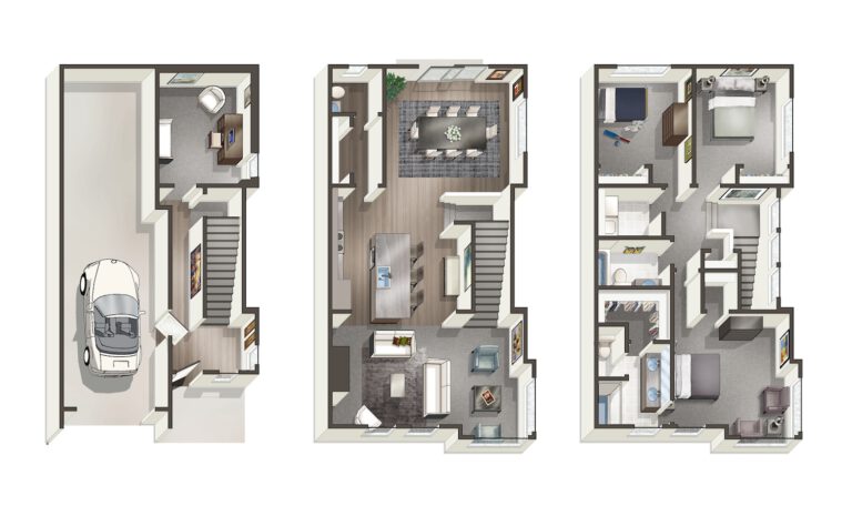  This image is a three-level floor plan of a residential building. It shows a garage, living areas, bedrooms, bathrooms, a kitchen, and staircases. 