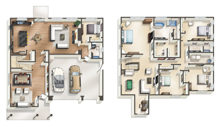 This is a top-down 3D architectural rendering of a two-story house floor plan, showing furnished rooms, a garage with two cars, stairs, and a balcony.