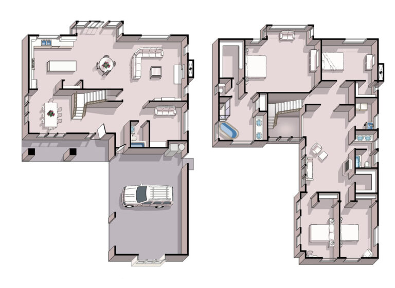 This image shows two detailed floor plans of a two-story building featuring living areas, a kitchen, bedrooms, bathrooms, stairs, and a garage.