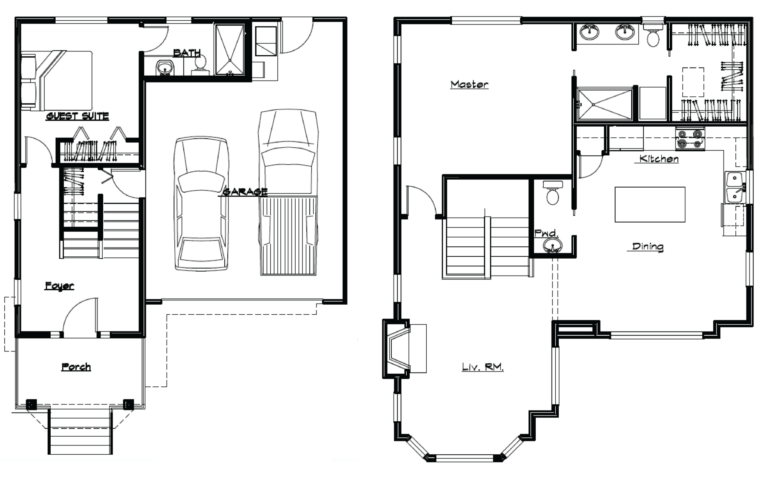 This image is a black and white architectural floor plan showing a house layout with labeled rooms, furniture outlines, and fittings.