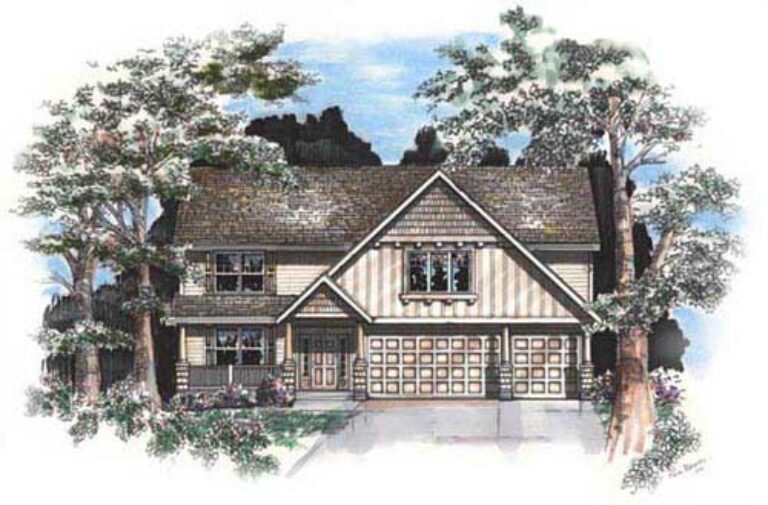 This is an illustration of a two-story Tudor-style house with a steep gabled roof, prominent chimney, and an attached garage, surrounded by trees and shrubbery.