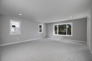 This image features an empty room with grey walls, carpet flooring, and multiple windows showing a view of trees outside. There's recessed lighting in the ceiling.