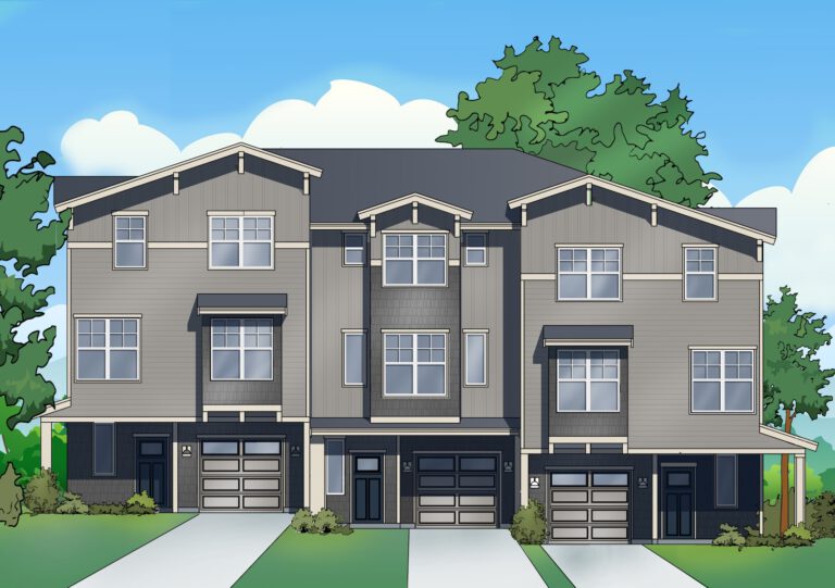  A three-story gray townhouse with dual garages under a blue sky. Trees flank the property, and there's a driveway leading to each garage door. 