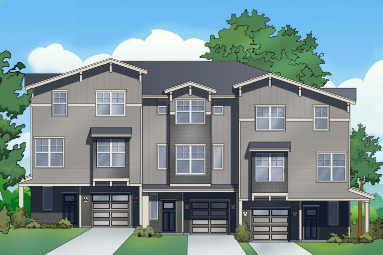 A three-story gray townhouse with dual garages under a blue sky. Trees flank the property, and there's a driveway leading to each garage door.